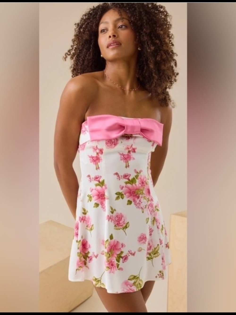 Altar'd State White Strapless Floral Mini Dress with Pink Bow Open Back XL